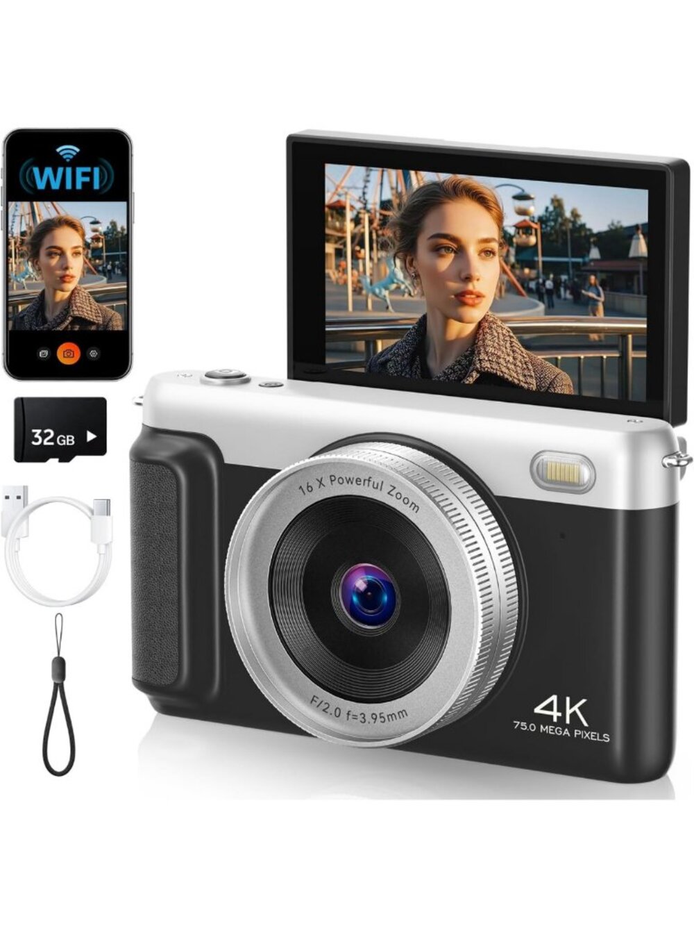 4K Vlogging Camera with 180° Flip Screen, Compact Digital Camera for YouTube